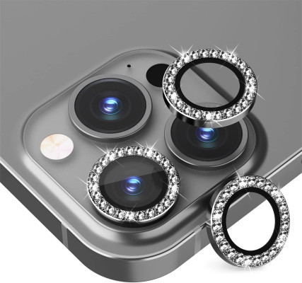  Модерни стъклени ринг протектори за обективите на камерата на Apple iPhone 14 Pro Max 6.7 черен с камъни